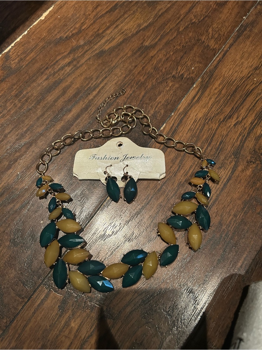 Teal and Mustard Leaf Statement Necklace & Earring Set